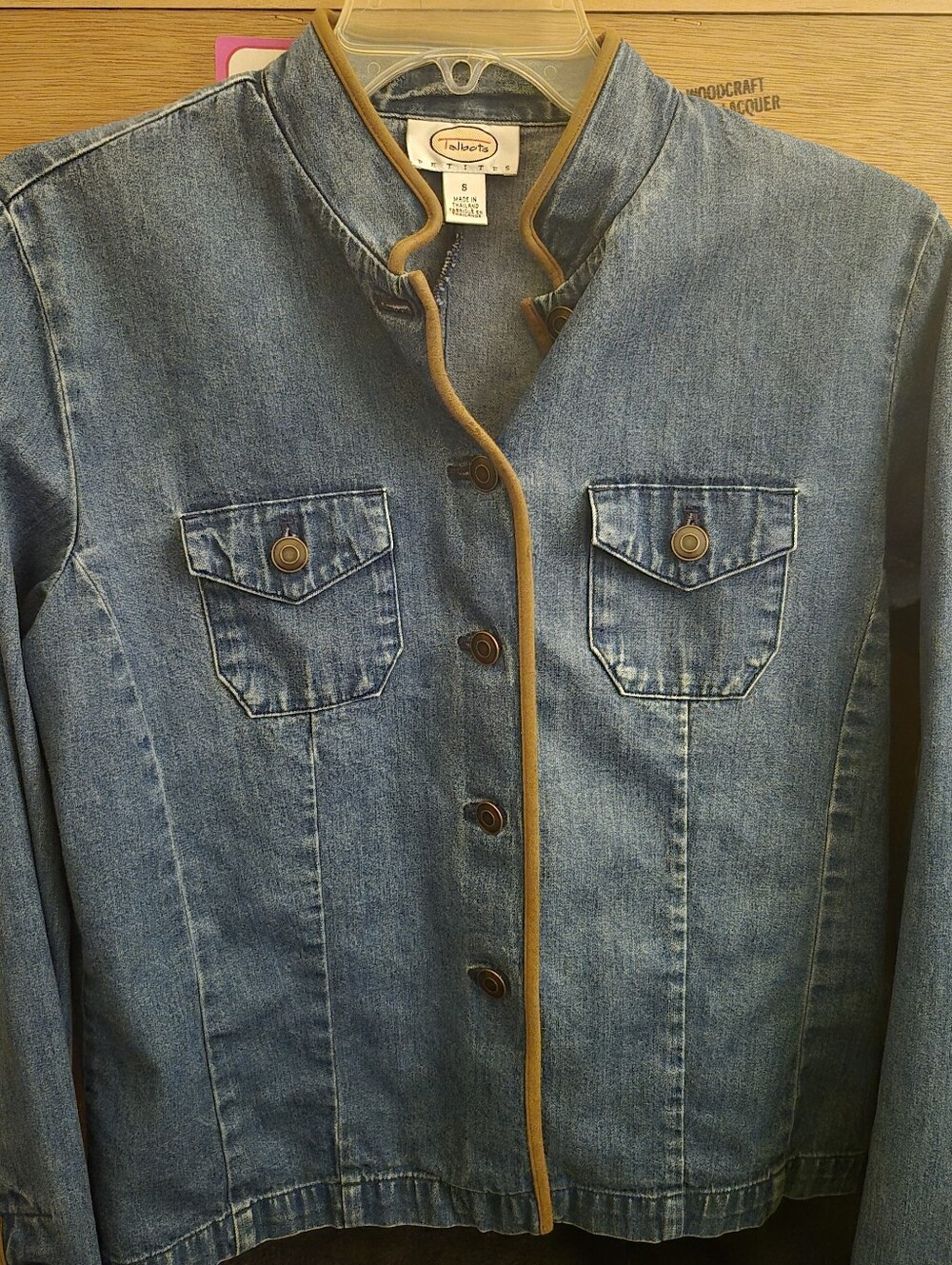 Vntage Talbots petite blue denim button-front jacket Faux Leather Piping Small